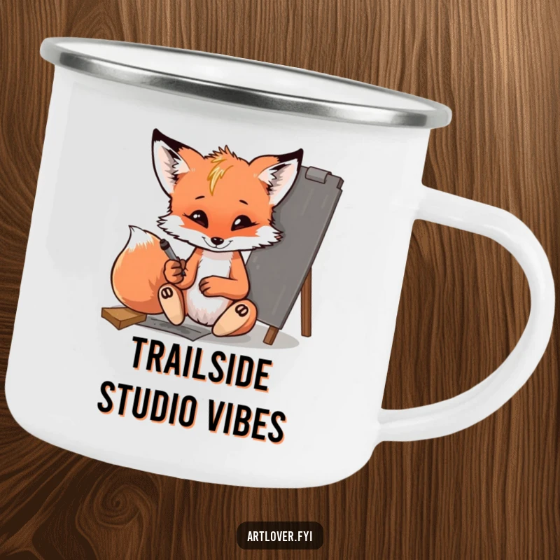 Funny fox cub camping mug, a mischievous cub sketching outdoors, ideal for campers and artists alike.