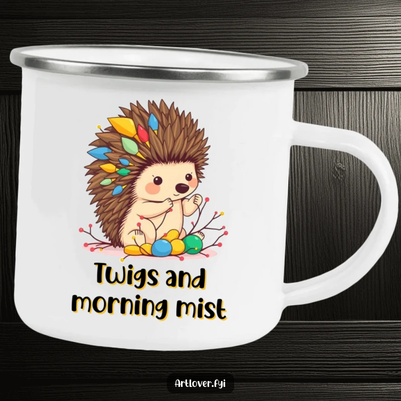 Funny camping mug featuring a hedgehog artist creating a twig sculpture, perfect for enjoying drinks during outdoor creative endeavors.