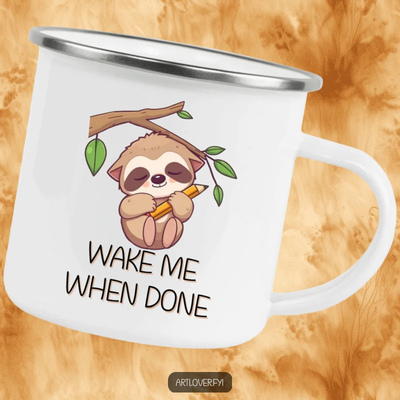 Funny sleepy sloth camping mug, a relaxed artist with pencil, perfect for enjoying nature slowly.