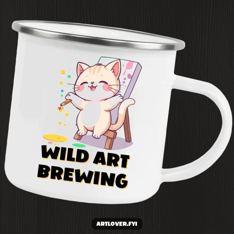 Funny cat camping mug with a joyful artist cat splattering paint on a canvas. Durable and humorous for outdoor art enthusiasts.