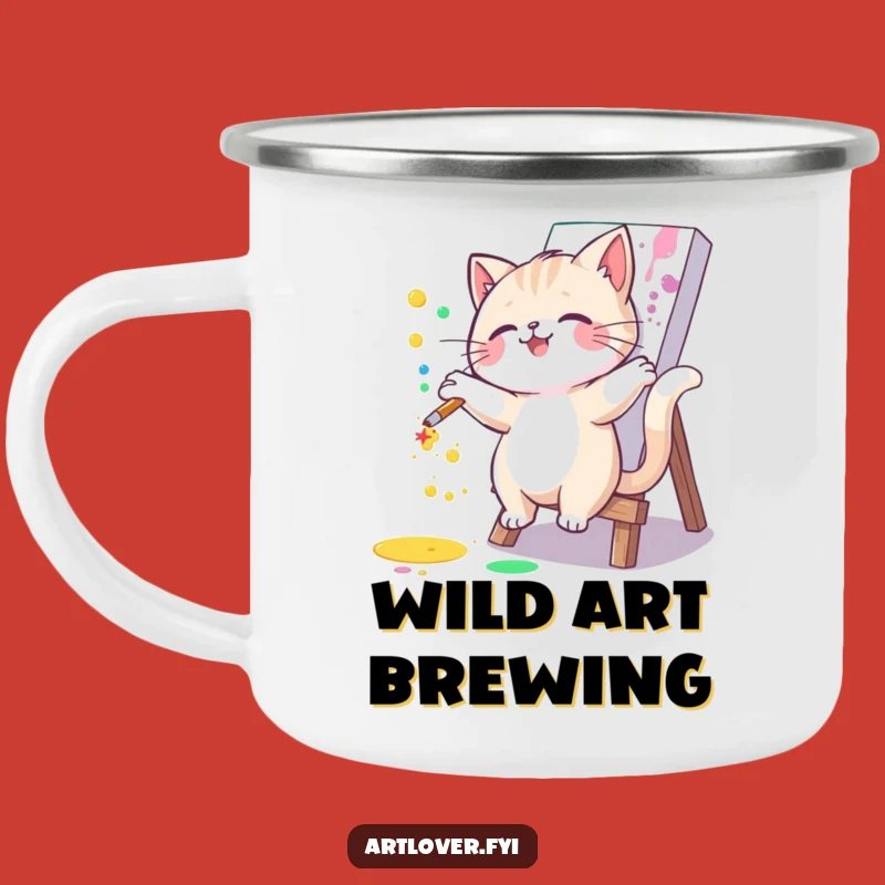 Funny Paint Cat Camping Mug: Artist Feline Enamel Cup, Perfect Humorous Gift
