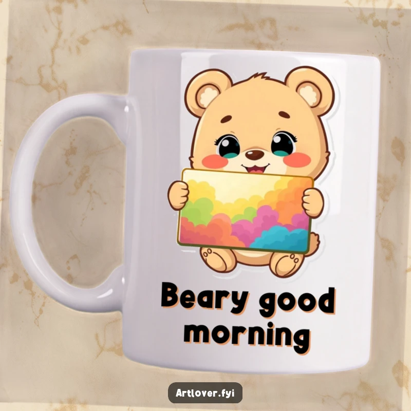 Funny mug with a happy bear cub character, bright eyes, proudly displaying a colorful and vibrant painting it created.