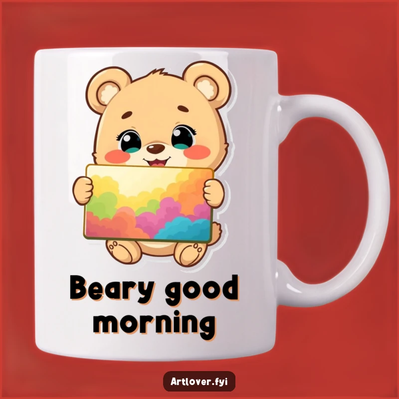 Funny Bear Cub Artist Mug: Happy Cub Displays Vibrant Painting, Perfect Gift for Art Lovers