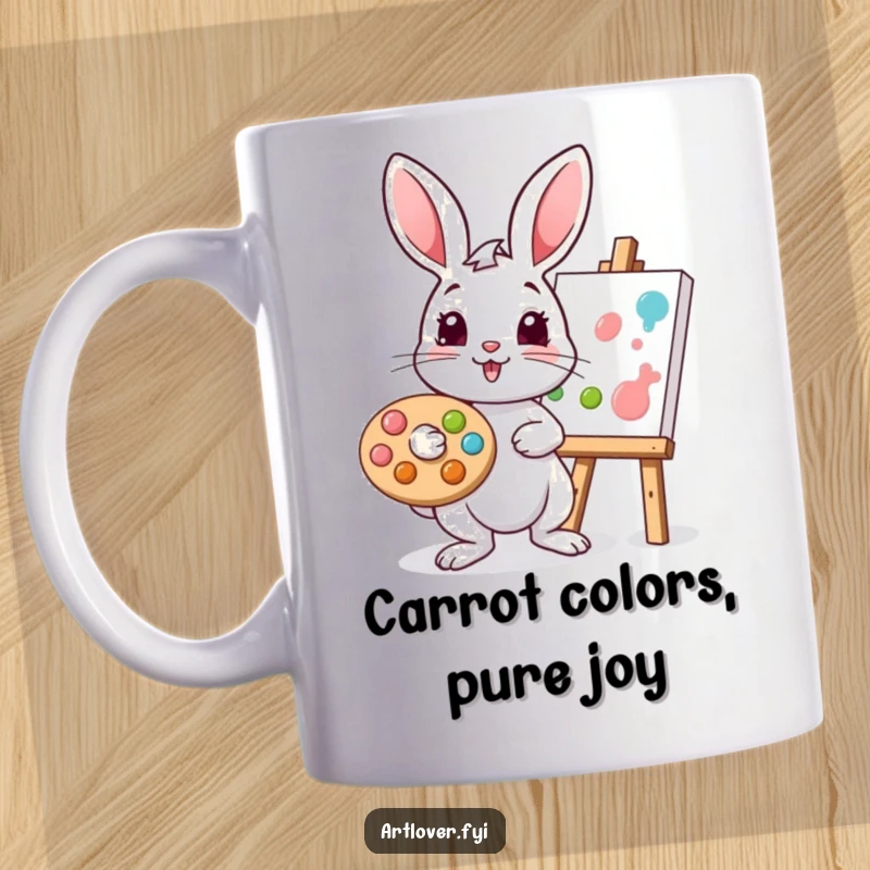 Funny rabbit mug with a playful bunny holding a palette and brush, dabbing paint onto a canvas, embodying artistic fun.