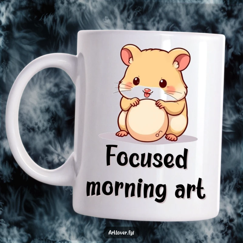 Funny Hamster Sculptor Mug showing a cute hamster focused on sculpting a tiny ball of clay, ready for a creative session.