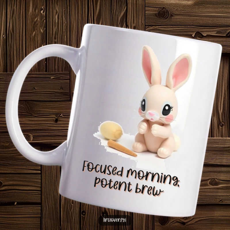 Funny mug of a rabbit with focused eyes carefully sculpting a small clay figure, showcasing intense artistic concentration.