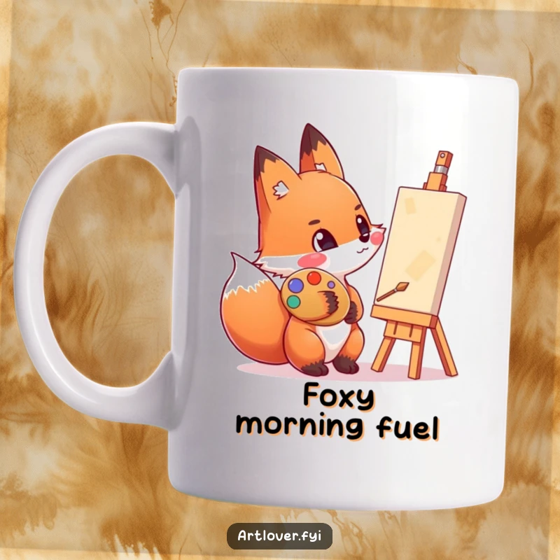 Funny fox mug with a paint-smeared cheek, enthusiastically admiring a canvas, showcasing a dedicated and messy artist.