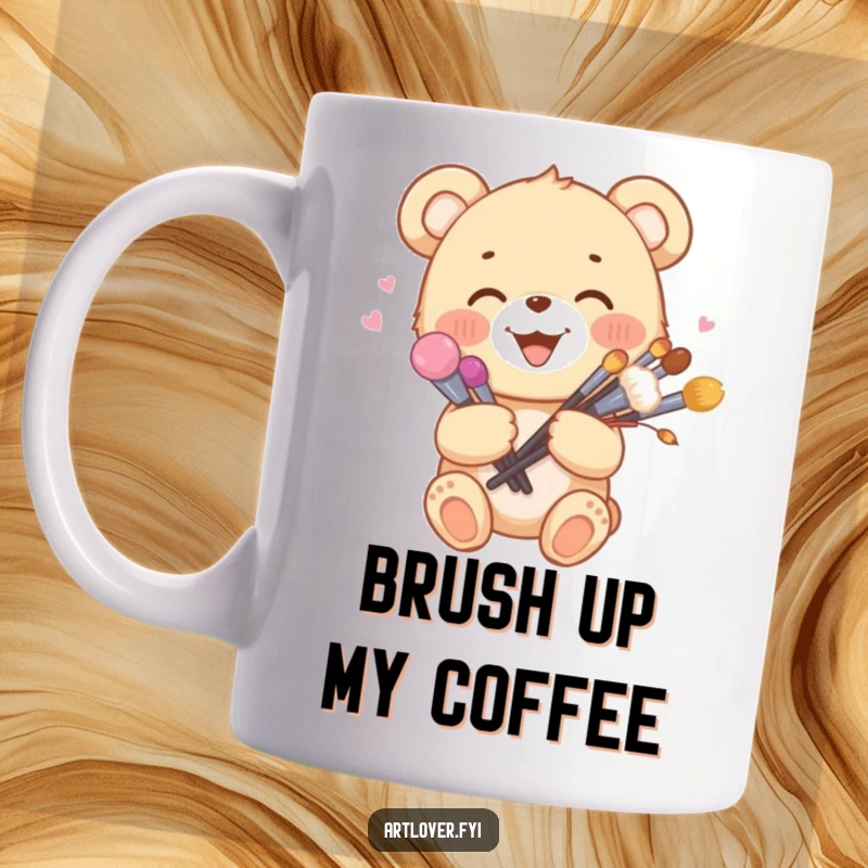 Funny bear cub mug holding a colorful bouquet of paint brushes, embodying joyful artistic passion and creativity.