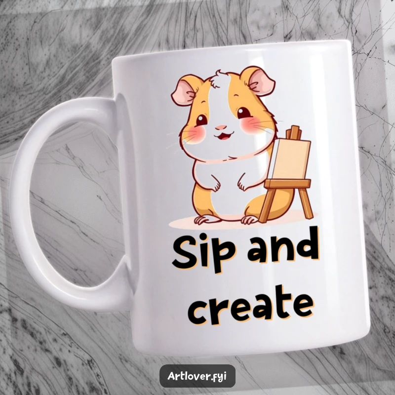 Funny Artist Guinea Pig Mug: Contented guinea pig smiles beside easel, creating art with joy.