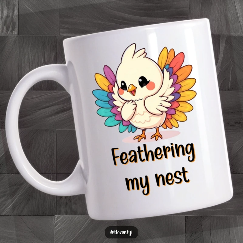 Funny mug featuring a cheerful bird character humming and expertly arranging a pile of vibrant, colorful feathers, showcasing artistic dedication.