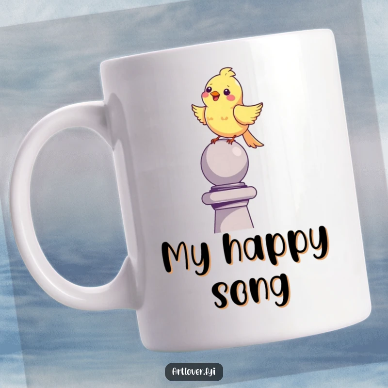 Funny happy bird mug, perched on a sculpture, singing joyfully, bringing cheer to any coffee drinker.