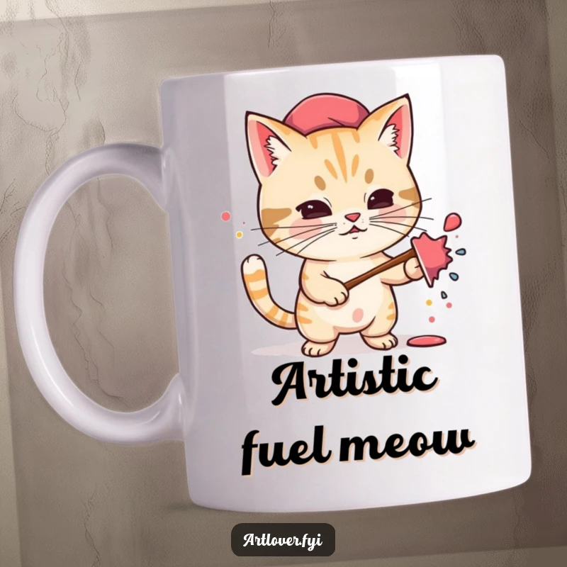 Funny mug showcasing a determined cat in a beret enthusiastically splattering paint, a true artist at work.