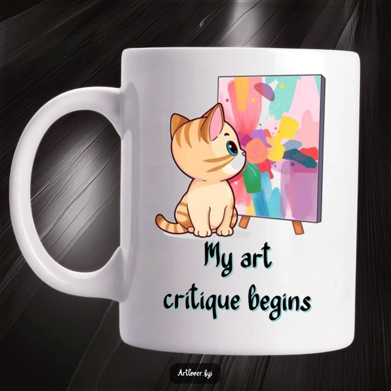 Funny cat mug with a curious feline intently observing a vibrant, colorful abstract painting, showcasing its artistic curiosity and love for art.
