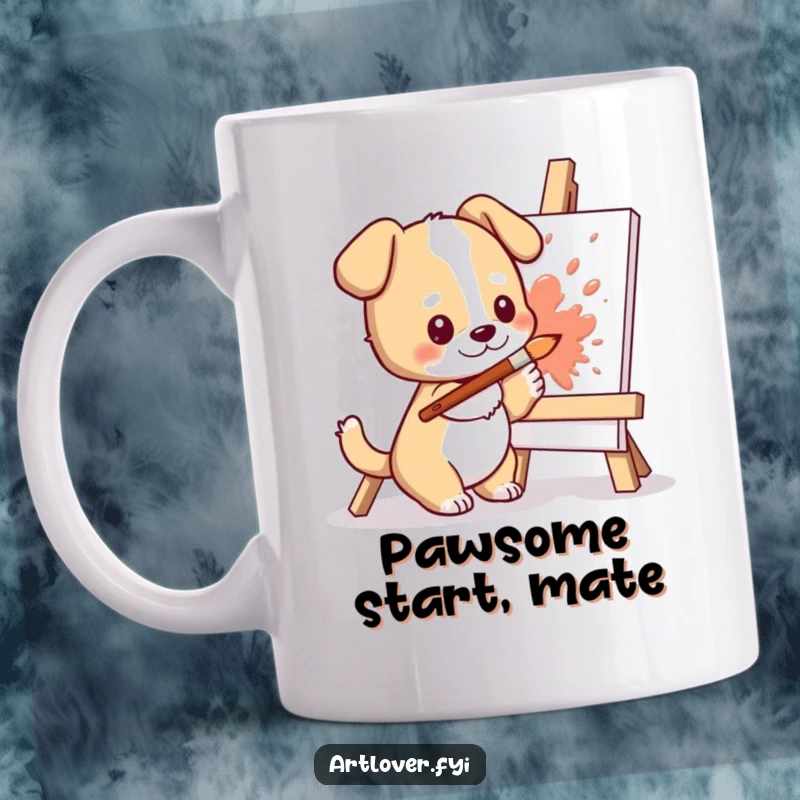 Funny Dog Artist Mug: Cute cartoon dog happily splattering colorful paint onto a canvas with a paintbrush in its mouth.