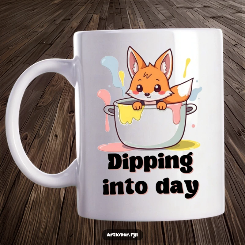 Funny Fox Artist Mug: Curious cartoon fox peeking out from a giant, overflowing pot of colorful paint.