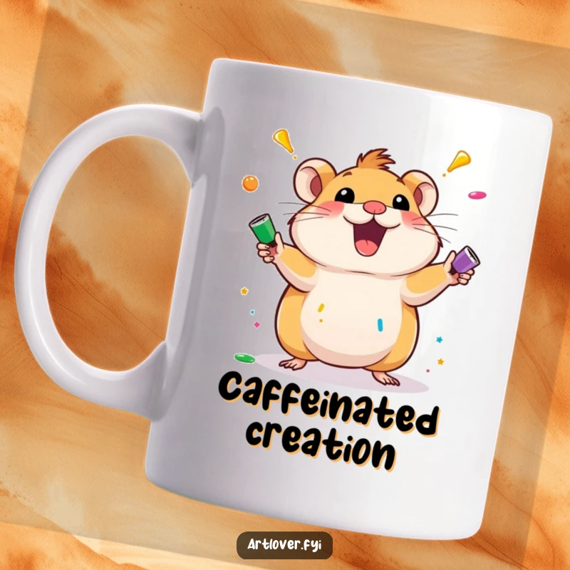 Funny excited hamster character juggling colorful paint tubes on a mug, showcasing a busy and artistic rodent. A humorous item for art lovers.