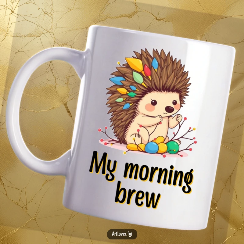 Funny mug showcasing a hedgehog artist carefully assembling a colorful abstract sculpture using small twigs, demonstrating delicate creation.