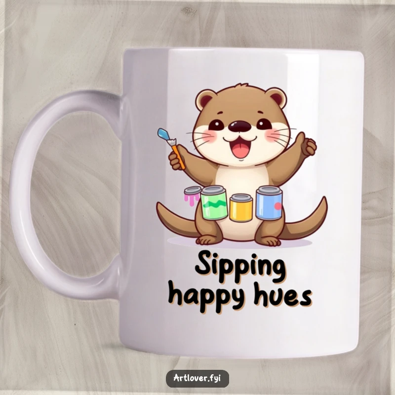 Funny Mug: A delighted otter artist with a huge smile, precariously balancing multiple paint cans, looking happy and artistic, perfect funny gift.