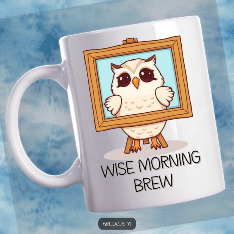 Funny owl character delightedly admiring a framed painting on a mug, showcasing a wise bird appreciating art. A humorous gift for art lovers.