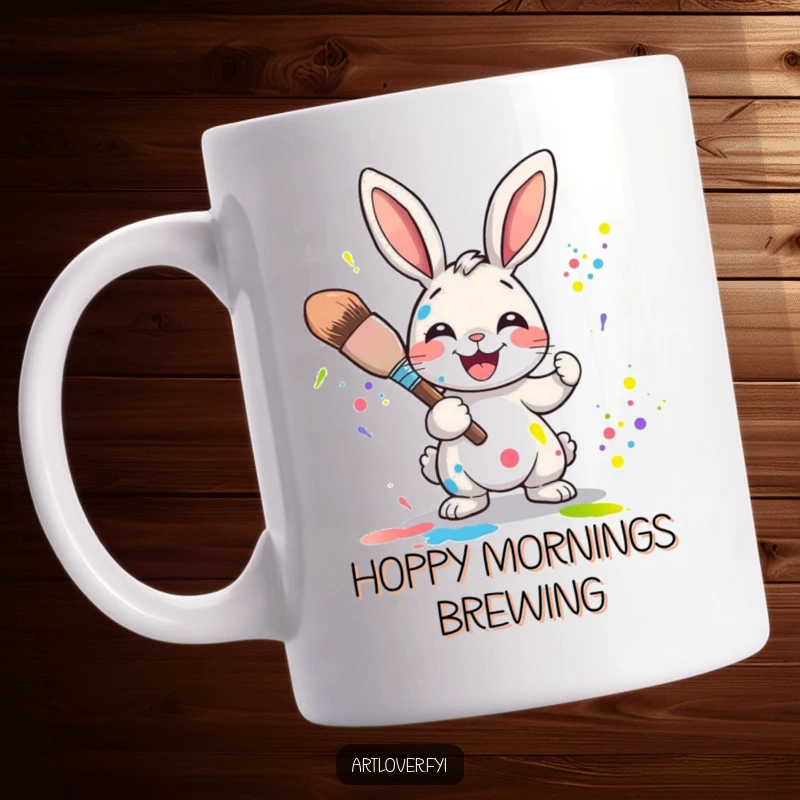 Funny Rabbit Artist Mug: Joyful cartoon rabbit holding a large paintbrush, enthusiastically splattering vibrant colors onto a surface.