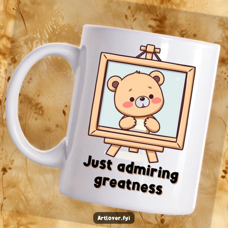 Funny Bear Cub Mug showing a smiling cub sighing contentedly while admiring a framed painting, a moment of art appreciation.