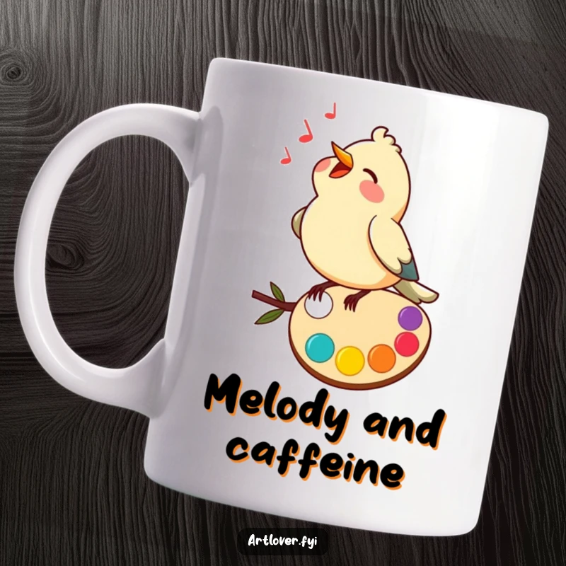 Funny mug of a happy bird singing merrily while perched on a colorful artist's palette, full of life and melody.