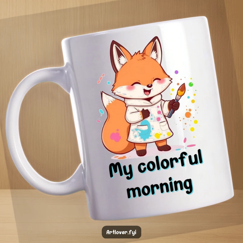 Funny mug with a cute fox wearing a smock, gleefully splattering paint, embodying creative joy. A delightful present.
