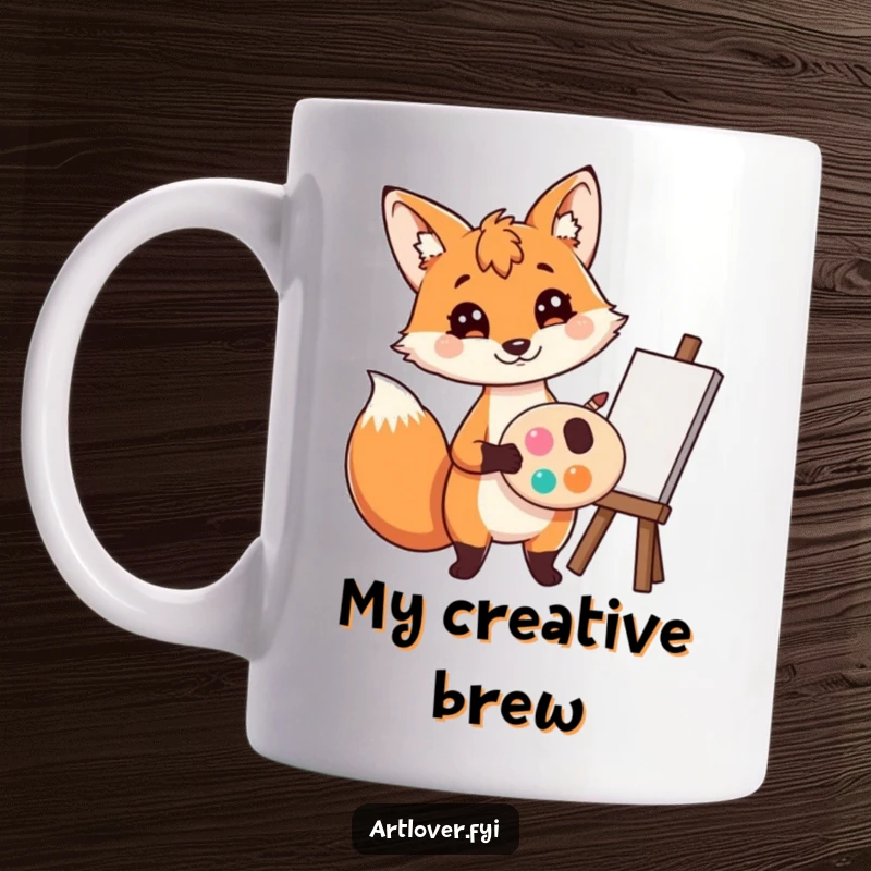 Funny Fox Artist Mug: A playful fox artist holding a palette and brush, ready to create colorful art, ideal funny gift.