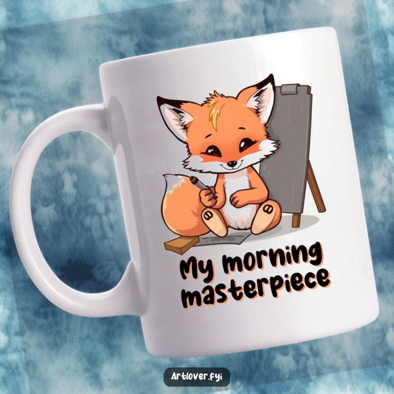 Funny fox cub artist mug, playfully sketching with charcoal, capturing a moment of mischievous creativity, perfect for art lovers.