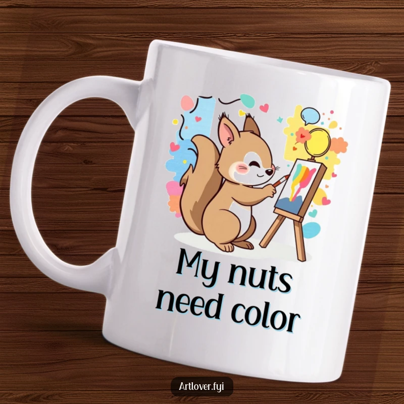 Funny mug with a playful squirrel painting a colorful mural with great enthusiasm.