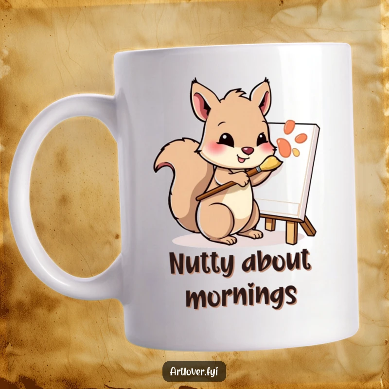 Funny mug with a playful squirrel character holding a paintbrush in its paw, dabbing gently at a canvas.