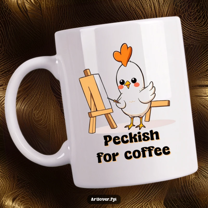 Funny Mug: A cheerful chicken artist with a determined look, pecking at a canvas with its beak, creating a funny work of art, perfect gift.