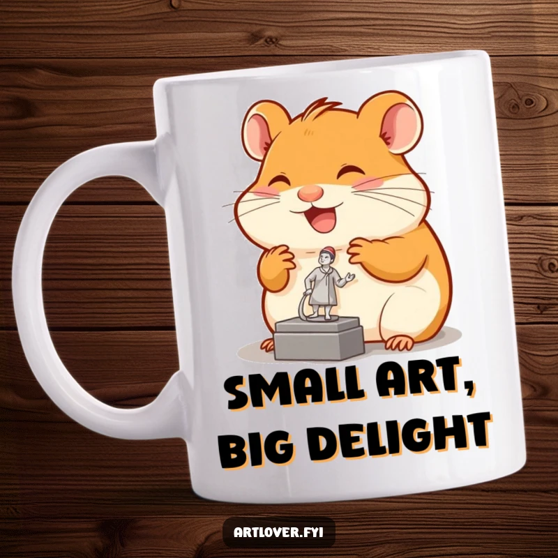 Funny hamster mug showing a joyful rodent looking up in awe at a tiny, detailed sculpture, celebrating art appreciation.