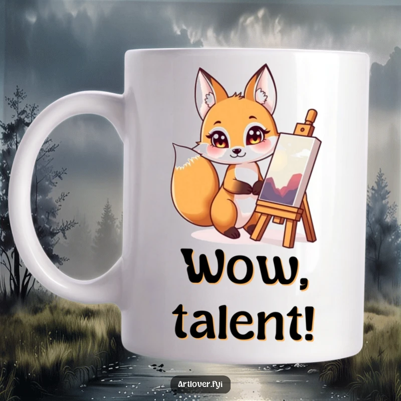 Funny fox art critic mug, a curious fox with bright eyes intently admiring a colorful, abstract masterpiece.