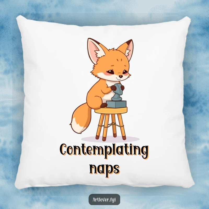 Funny Fox Art Critic Pillow: A curious fox observing a sculpture, offering a comfortable and funny decorative accent for art lovers.