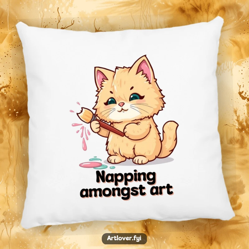 Funny pillow with a fluffy cat holding a paintbrush, splattering colorful paint playfully.