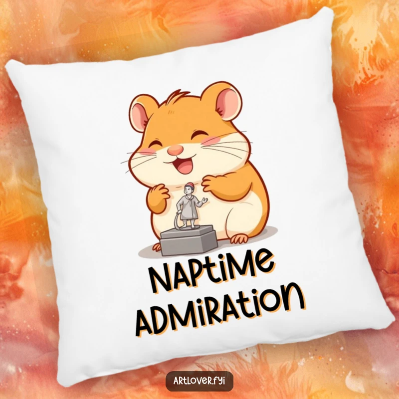Funny hamster pillow showing a joyful rodent admiring a tiny sculpture, merging comfort with artistic amusement.