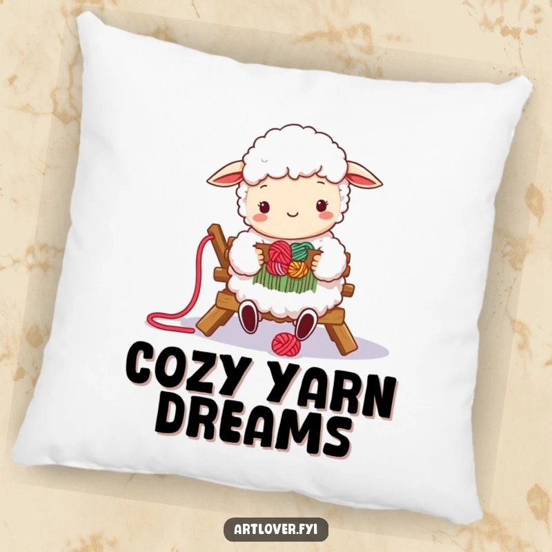 Funny pillow featuring a fluffy sheep happily weaving colorful yarn, adding cozy crafting charm and comfort to any room.