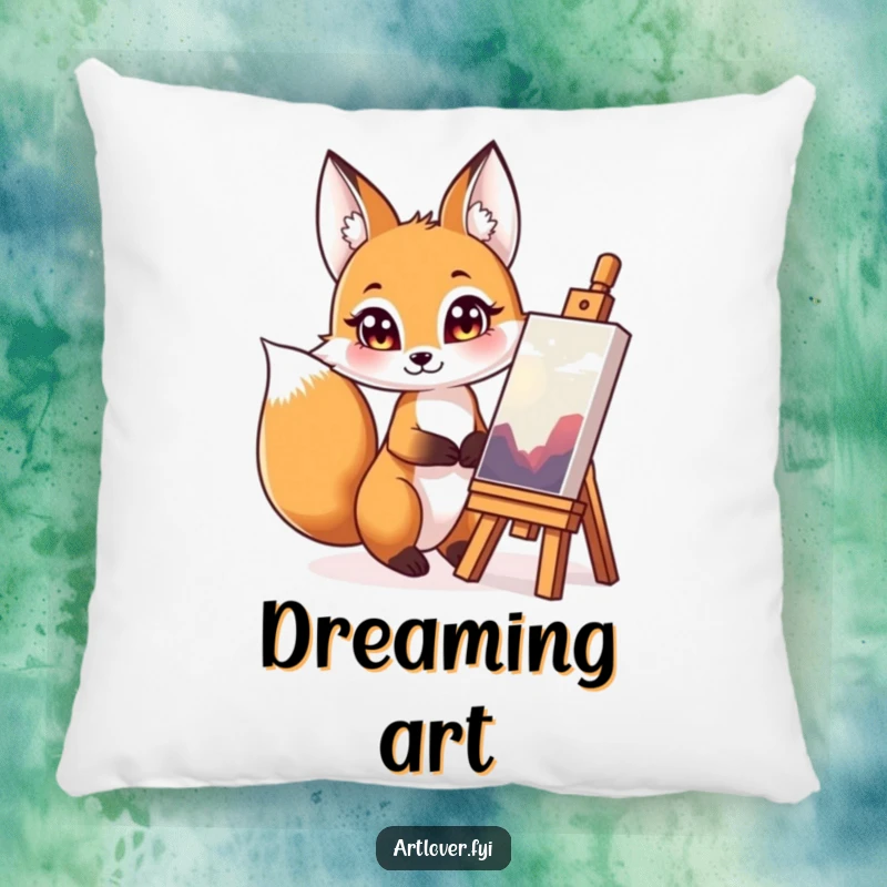 Funny fox art critic pillow, a plush cushion featuring a fox thoughtfully observing a colorful painting.