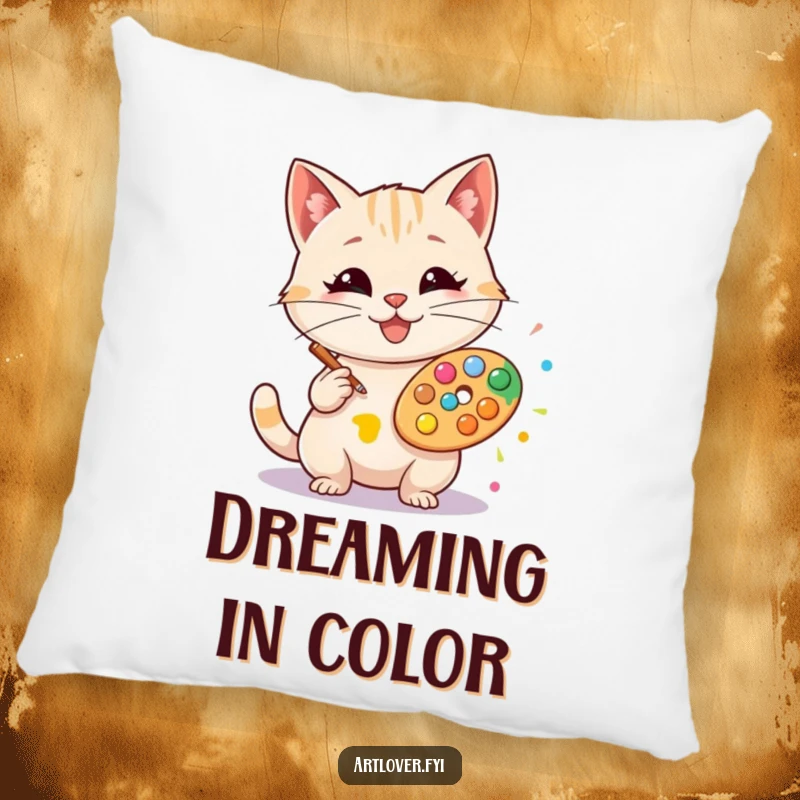 Funny artist cat pillow, soft and decorative, featuring a happy cat artist creating a colorful art splat.