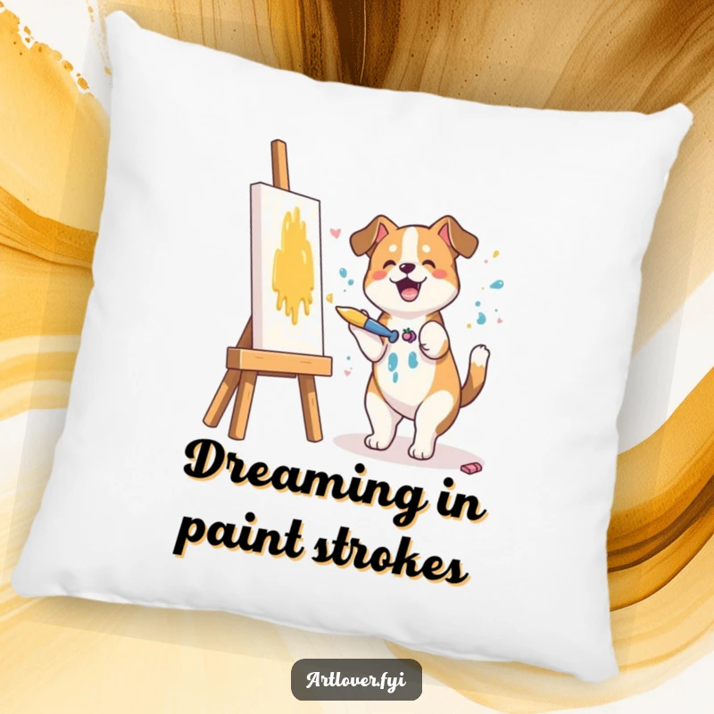 Funny pillow featuring a happy dog with a brush splashing paint on a canvas, adding humorous comfort to any room.