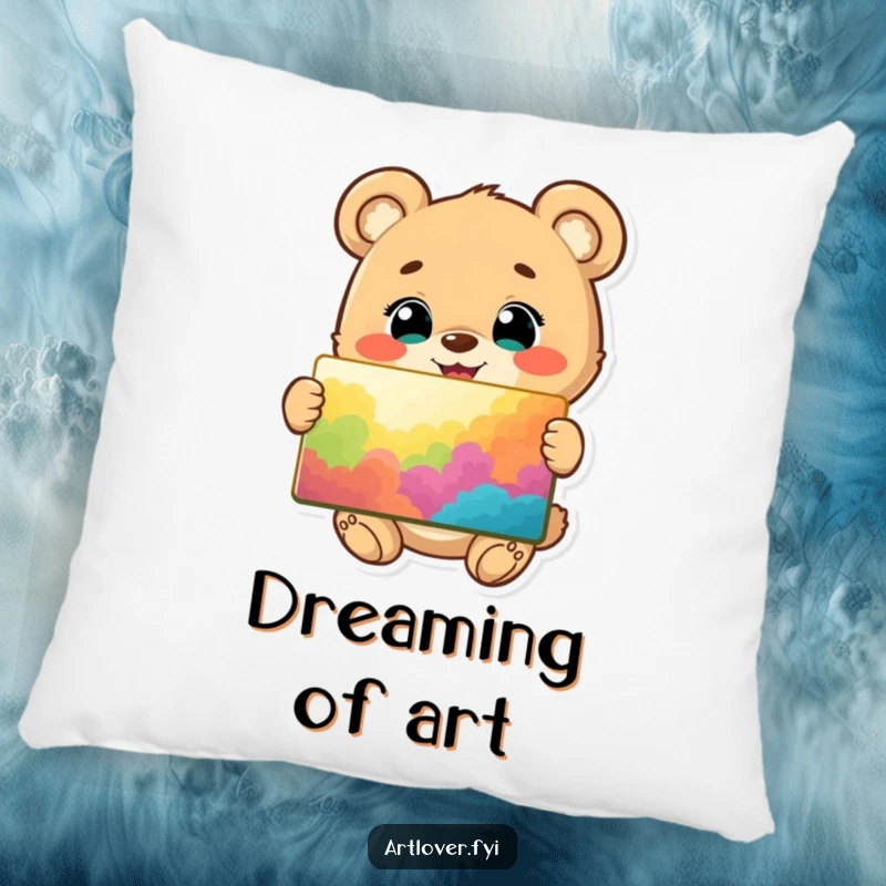 Funny pillow with a happy bear cub, bright eyes, proudly presenting a vibrant and colorful painting, perfect for cozying up.