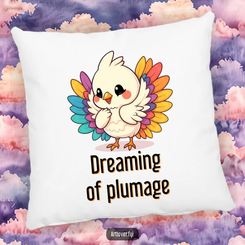 Funny pillow featuring a bird character humming and arranging its colorful feathers, providing a soft and humorous decorative accent for any room.
