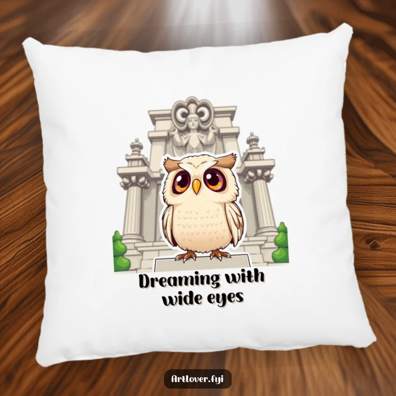Funny owl pillow showing a surprised owl with large eyes looking up at a grand statue, merging comfort with artistic amusement.