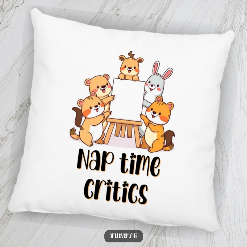 Funny pillow featuring a group of smiling animals gathered around an easel, adding artistic charm and cozy comfort to any room.