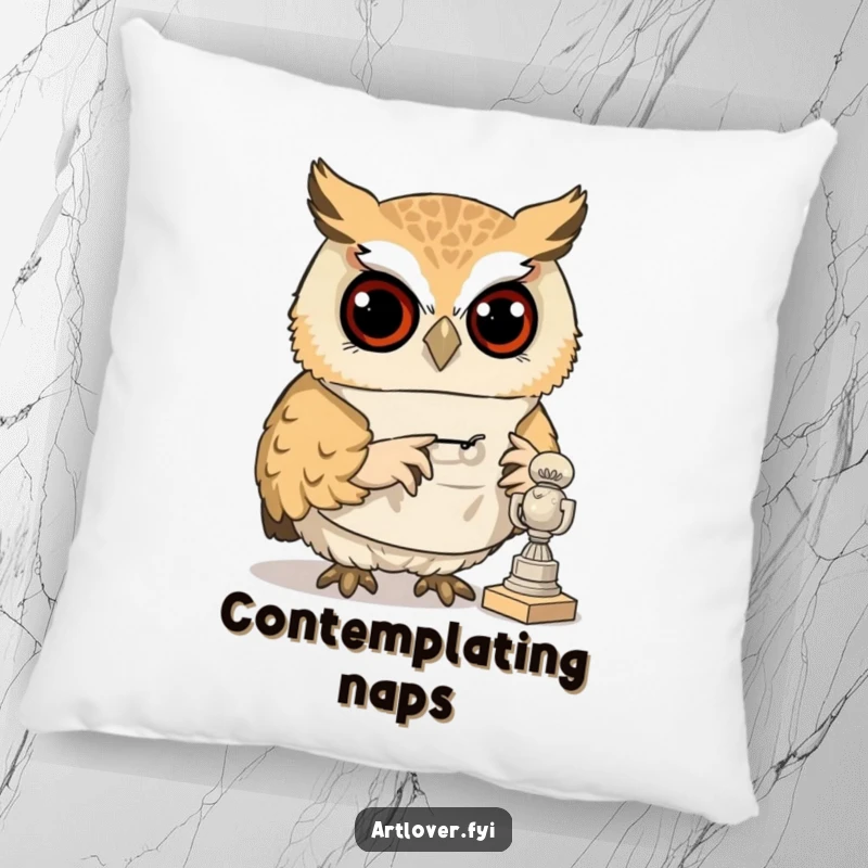 Funny decorative pillow featuring a curious owl in a smock, examining a tiny sculpture, offering artistic and wise comfort.
