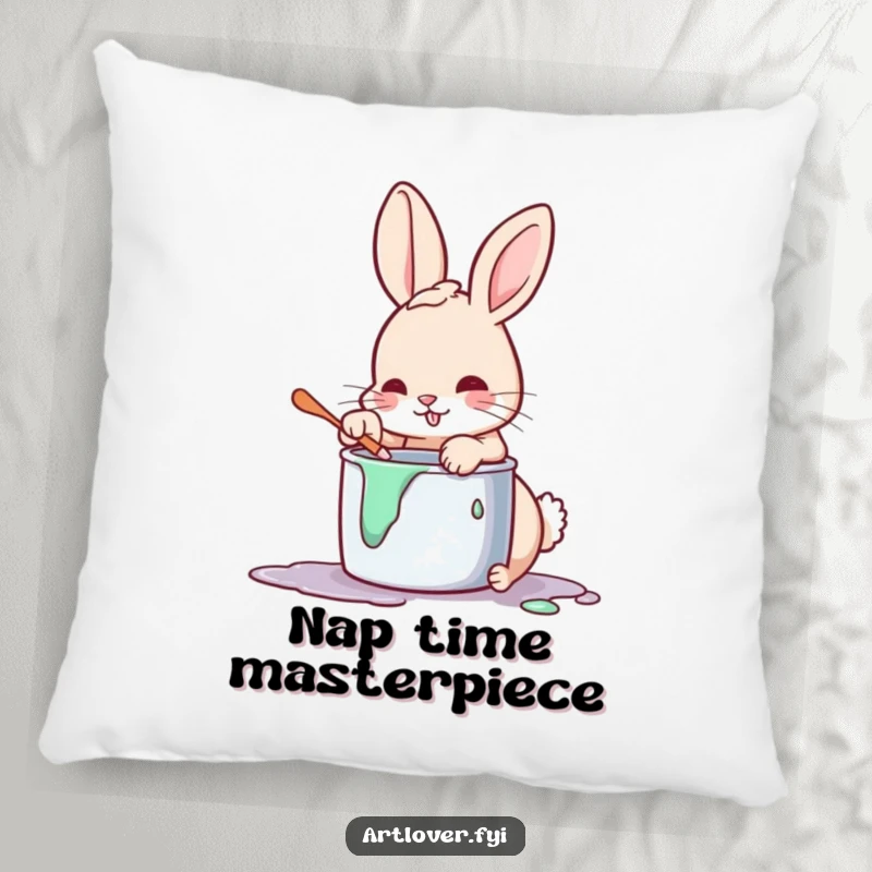 Funny art rabbit pillow, a soft cushion with a printed design of a playful bunny artist with a paint-covered paw.