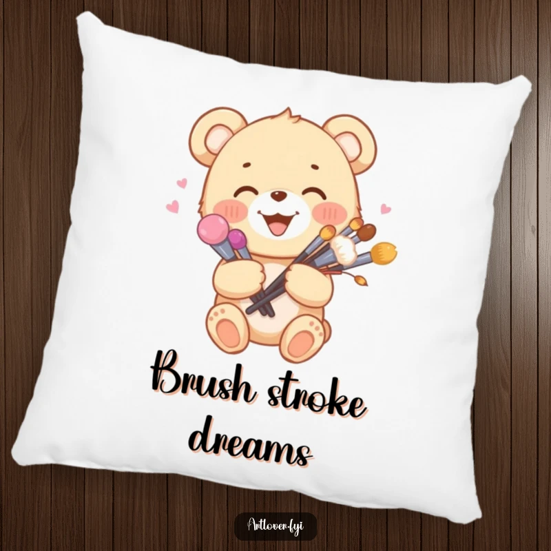 Funny decorative pillow featuring a joyful bear cub holding a bouquet of paint brushes, offering artistic and cozy comfort.