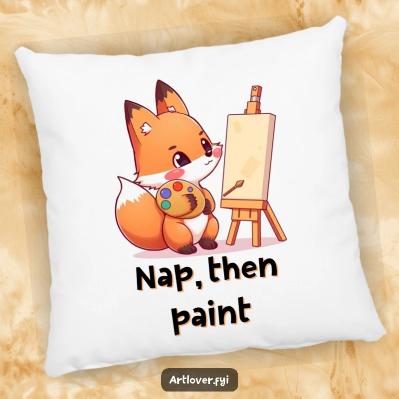 Funny decorative pillow featuring a fox with a paint-smeared cheek, admiring a canvas, offering artistic and cozy comfort.