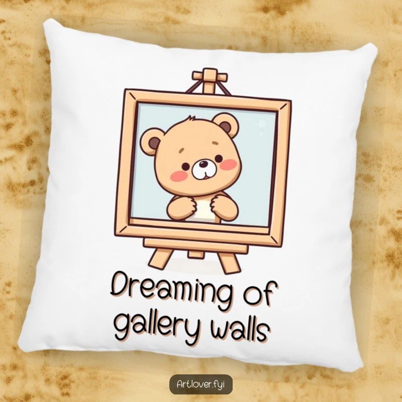 Funny Bear Cub Art Pillow featuring a smiling cub sighing at a framed painting, perfect for comforting art lovers.